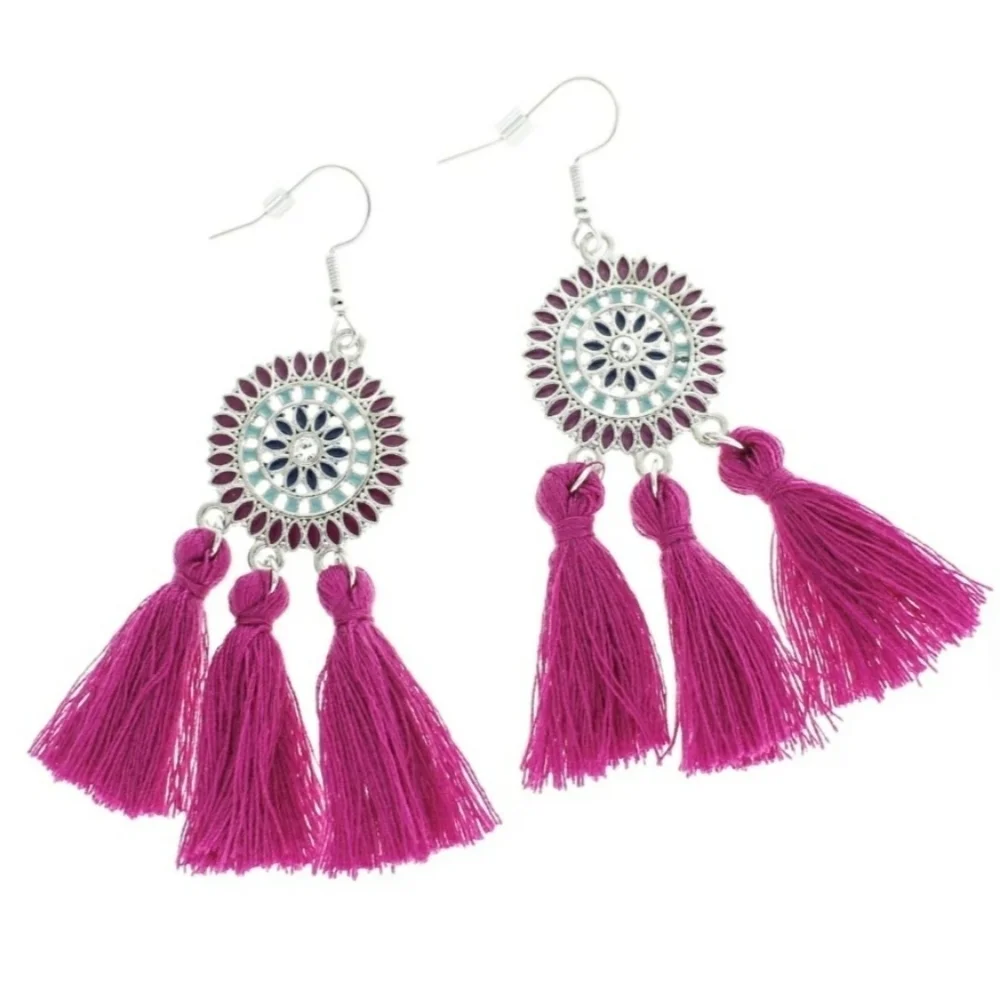 Bohemian Tassels Earrings‎ Dangles Fuchsia and Silver